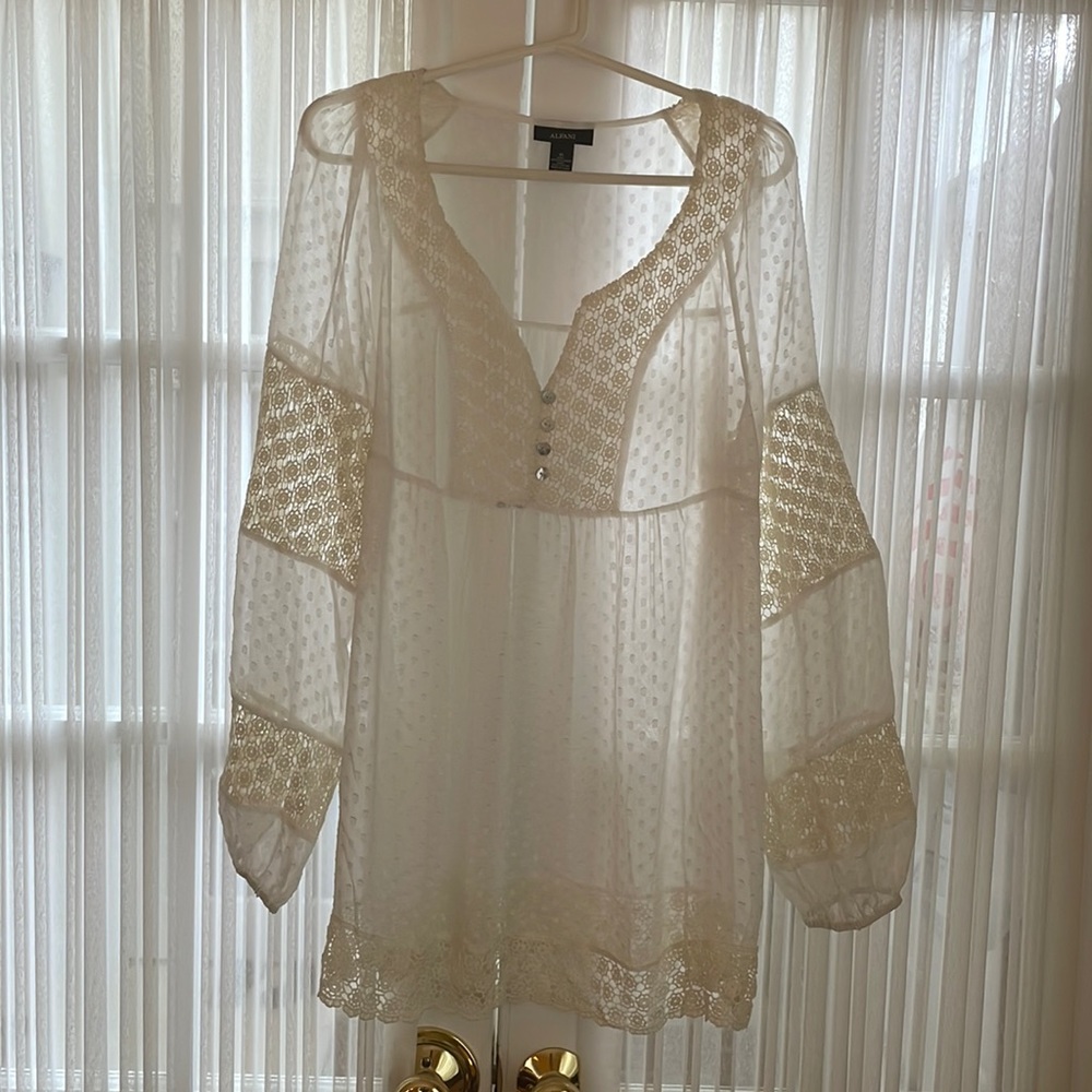 white sheer blouse by alfani, size 16 with crochet type designs